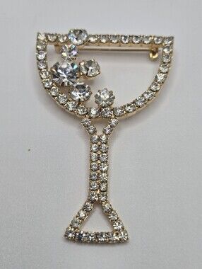 Vintage Rhinestone Champagne Glass Brooch Sparkly Martini Cocktail Pin 2.5” Gold